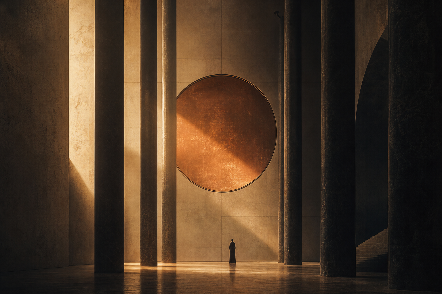 Chamber still — warm paper field, ink frame, copper rule at the aperture.